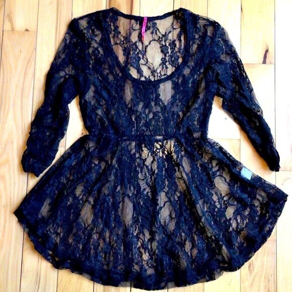 ELECTRIC PINK BLACKLACE BABYDOLL LINGERIE TOP - Picture 1 of 5
